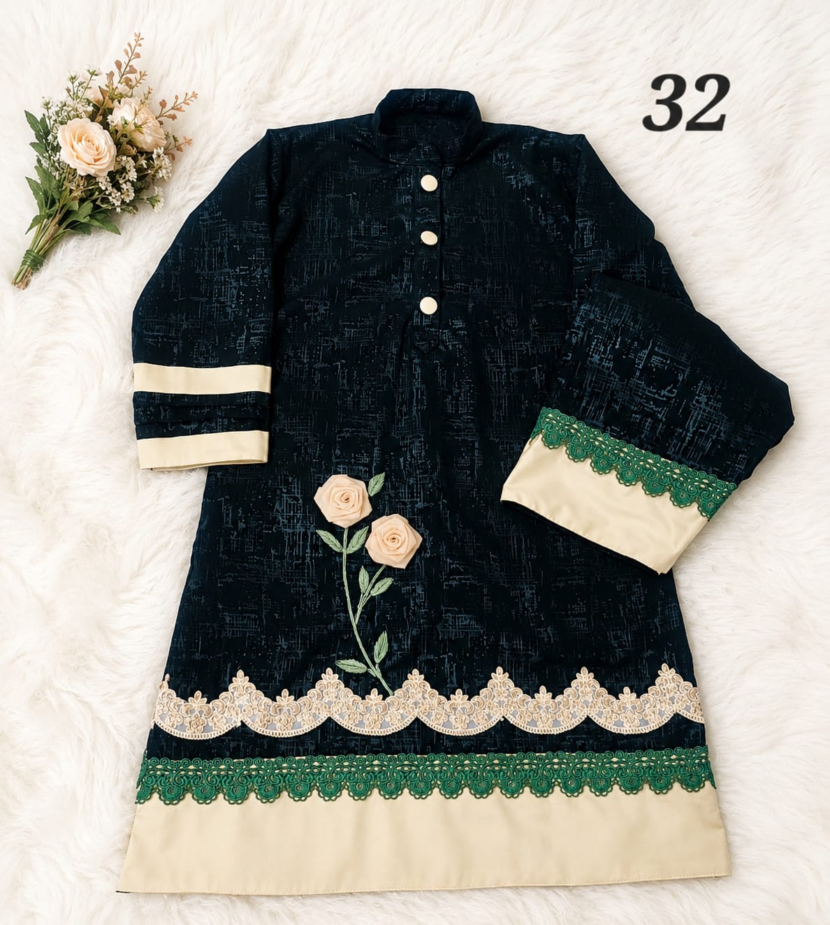 Size32 Bottle green abaya fabric handwork floral bunch with tissue flower turkish crown lace with pintucks pattern on sleeves Size32 Bottle green abaya fabric handwork floral bunch with tissue flower turkish crown lace with pintucks pattern on sleeves